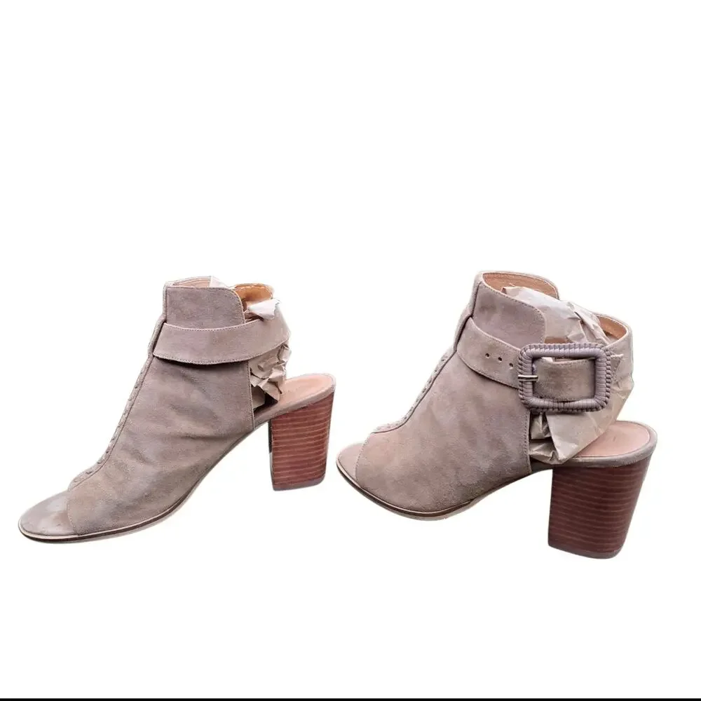 Jack Rogers Suede Bootie Izzie Size 10 Open Toe Ankle Boot Tan Leather Buckle